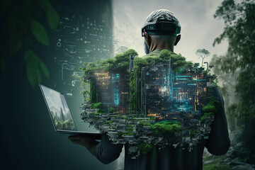 A man with engineering and technology, software construction development, IoT concept, engineer working on digital tablet about smart building by Generative AI