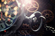 Old Clock Macro. Old Mechanical Clock Gears And Cogwheels On Wooden Background