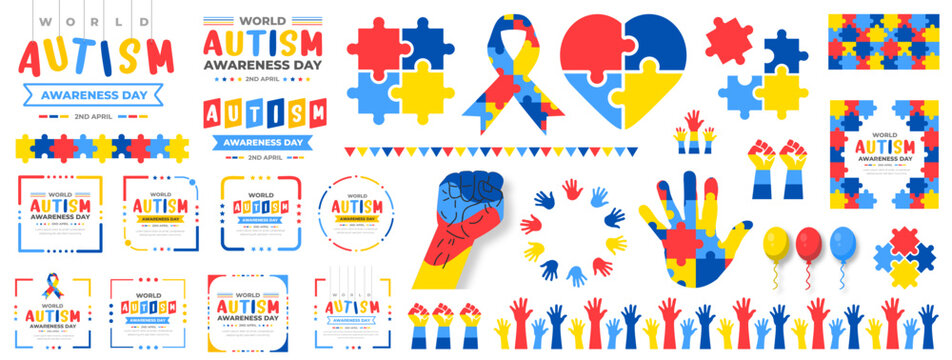 big mega set of world autism awareness day background typography, puzzles head child, heart, hand, b