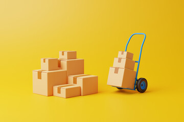 Wall Mural - Brown cardboard boxes with hand truck on yellow background. Transportation and delivery concept. 3d render illustration