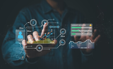 Wall Mural - young entrepreneur using big data analysis and cloud technology to collect customer data and display