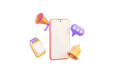 Wall Mural - mobile with megaphone calendar bubble chat icon on white background 3d render concept marketing