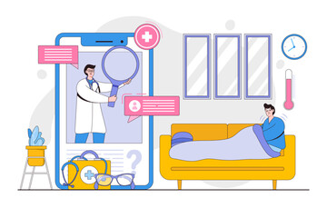 Wall Mural - Online diagnosis concept with characters. Outline design style minimal vector illustration for landing page, web banner, infographics, hero images