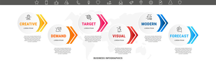 Vector modern infographic with 6 circles and arrows. 3D concept graphic process template with six steps and icons. Timeline for the business project on white background