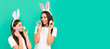 Mother and daughter child banner, copy space, isolated background. bunny egg hunt. teen girl child and mom having fun. kid and woman hold painted eggs.