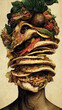 Ein Kopf aus Tacos geformt. Ein bizarrer Kopf geformt aus einem Berg Lebensmittel. Abstrakter Kunst Kopf aus Teig Taschen. Essen im Überfluss. Ki generiert.