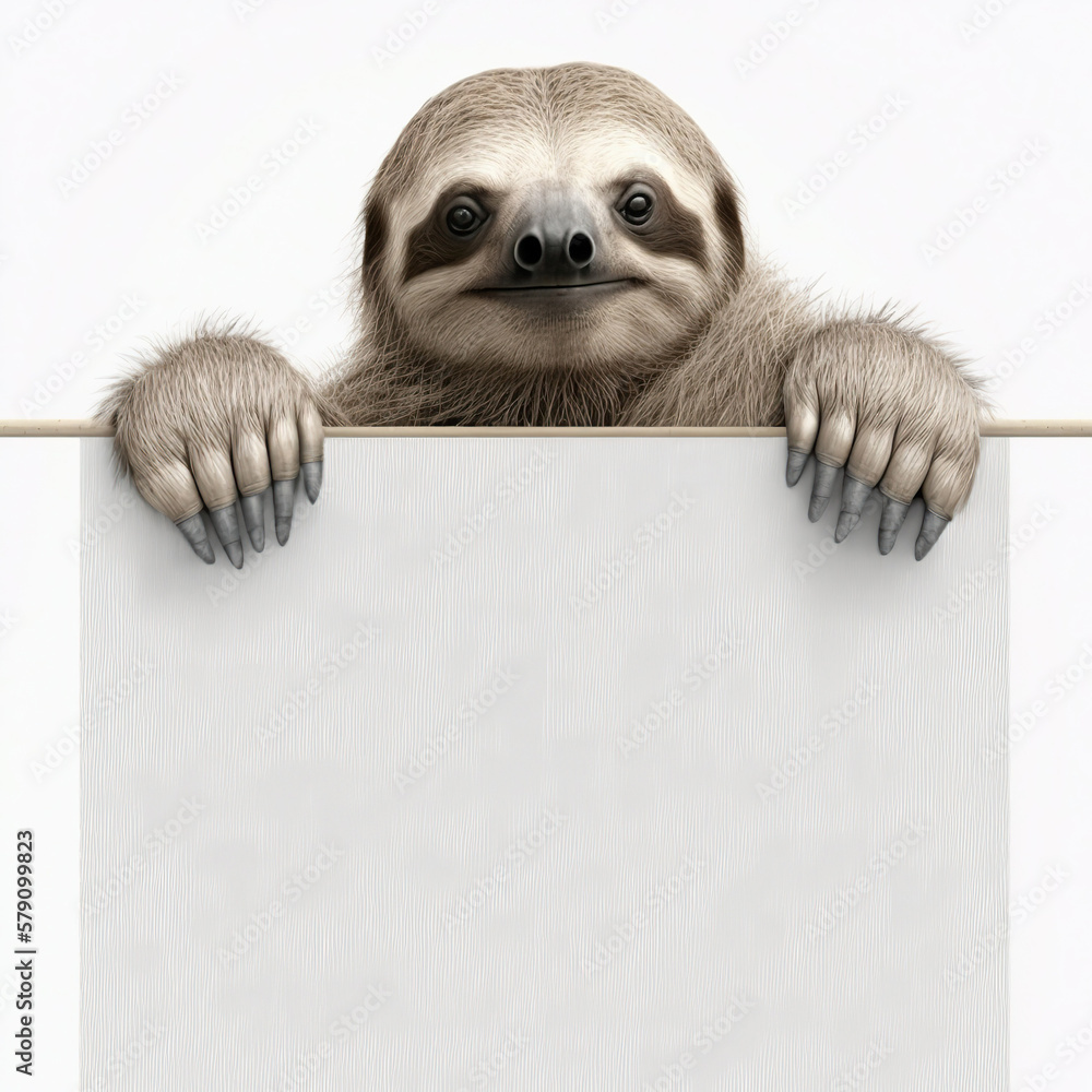 Cute adorable sloth hold empty clean white cardboard sign with copy ...