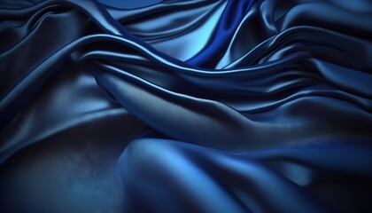 Wall Mural - a blue silk fabric with a smooth, wavy design on it's surface, with a dark background and a blue light in the middle of the image. generative ai