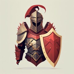  a stylized illustration of a knight with a red helmet and gold and silver armor, standing with his hands in his pockets, and holding a sword in his other hand.  generative ai