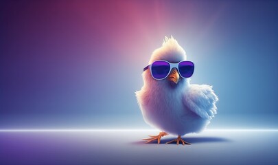 Poster -  a chicken with sunglasses on its head and a purple background with a blue sky in the background and a pink and blue background with a light.  generative ai