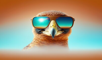  a bird with sunglasses on its head and a blue sky in the background with the sun shining through the lens of the bird's head.  generative ai