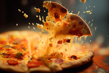 Pizza and Splashes of cheese and red pepper. Italian pizza, Juicy cheese stretches from a slice. pieces of pizza scatter to the sides.  pizza explosion, Soft focus. Ai Generated illustration.