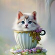 Kotek w filiżance do herbaty. Mały puszysty kotek z niebieskimi oczkami, piękna filiżanka przyozdobiona kwiatkami.