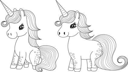 Wall Mural - unicorns cartoon sketch coloring book, outline isolated, vector