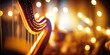 Illumined harp in a festive ambient. Ideal concert background. Generative AI