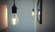  a light bulb hanging from a wall next to a light bulb hanging from a light switch on a wall in a room with a light blue wall.  generative ai