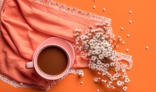  A Cup Of Coffee Next To A Pink Scarf And Flowers On An Orange Background With Scattered White Beads And A Pink Scarf On Top Of The Table.  Generative Ai