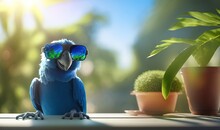  A Blue Parrot Wearing Sunglasses Sitting Next To A Potted Plant And A Potted Plant On A Table In Front Of A Sunny Window.  Generative Ai