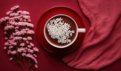 Wall Mural -  a cup of hot chocolate with marshmallows on a saucer next to a pink flower on a red surface with a red cloth.  generative ai