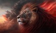  a painting of a lion with a red mane and a black cloud in the background with a yellow and red light coming from its eyes.  generative ai