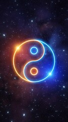 Wall Mural - yin yang neon light symbol in changing colors from blue and orange to pink rotating on a background 