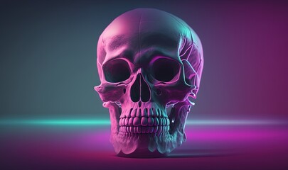  a human skull is shown with a neon background and a blue and pink background, with a purple and blue background, and a pink and blue background.  generative ai