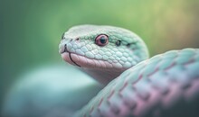  A Close Up Of A Green Snake With A Pink Stripe On Its Head And A Green Background With A Blurry Background And A Red Eye.  Generative Ai