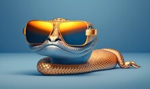 A Snake With Sunglasses On Its Head And A Snake On The Ground With Its Mouth Open And Tongue Out, With A Blue Background And A Blue Backdrop.  Generative Ai