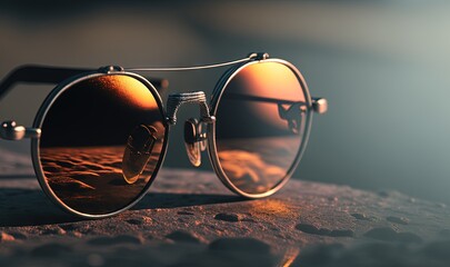 Wall Mural -  a pair of sunglasses sitting on top of a desert covered ground with a reflection of the sun in the lens of the sunglasses, on top of a rock.  generative ai