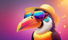  A Colorful Bird With A Hat And Sunglasses On It's Head And A Purple Background With Gold Confetti Around Its Neck And A Bright Yellow Hat.  Generative Ai