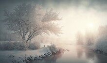  A River In The Middle Of A Snow Covered Forest With A Sun Shining Through The Trees And Snow On The Bank Of The River And Snow On The Bank.  Generative Ai