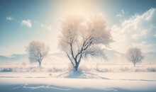  A Snow Covered Field With A Tree In The Middle Of The Picture And Mountains In The Distance In The Distance, With A Blue Sky And White Cloud Filled With Snow.  Generative Ai