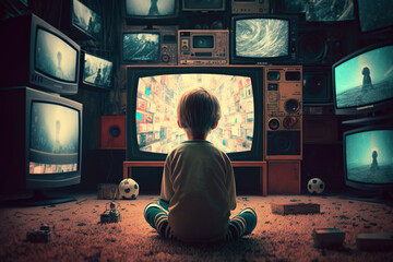 an abandoned child is sitting on the floor in front of televisions, the concept of media influence and parenting, created by a neural network, Generative AI technology