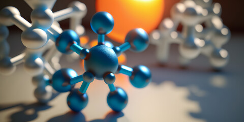 Wall Mural - Technology molecule is structure of lattice connecting atoms. Chemical blue Banner with sun light. Generation AI