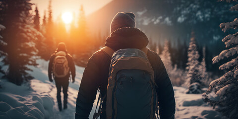 Group tourists of hiker sporty people walks in winter mountains at sunset with backpacks. Concept adventure with copy space. Generation AI