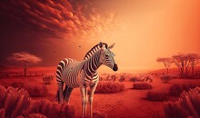  A Painting Of A Zebra Standing In A Field Of Grass And Bushes With A Sunset In The Background And Birds In The Sky Above It.  Generative Ai