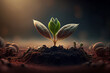 Developing plant, Young plant with a ground backdrop and dawn light, New life idea. Springtime sees little plants on the ground. fresh, seed, image with a modern agricultural theme. Generative AI