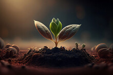 Developing Plant, Young Plant With A Ground Backdrop And Dawn Light, New Life Idea. Springtime Sees Little Plants On The Ground. Fresh, Seed, Image With A Modern Agricultural Theme.