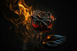 artfully made rose of black metal burns in fire.  generative AI