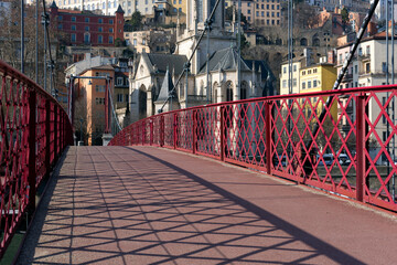 Poster - View of red footbridge on Saone river in the morning, Lyon