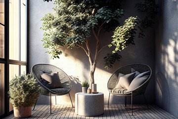 Wall Mural - Modern contemporary loft style outdoor terrace, decorated with a wicker chair, sunlight, and tree shadow on the wall generative ai