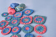 Crochet granny squares and circles  skeins of yarn with a hook o