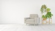 © Anastasiia - Empty living room wall mockup with grey armchair and indoor plants on blank white wall interior background. Illustration, 3d rendering