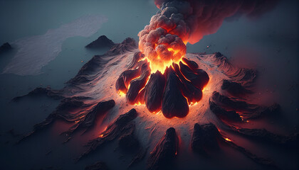 creative aerial panoramic view. volcano eruption erupted lava flowing mountains. beautiful natural b