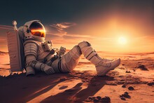 Astronaut Relaxing On The Sand In The Desert At Sunset. Generative AI