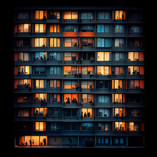 Night Colorful Windows Lights Of Apartment Building In City. AI Generative.