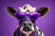 Cute Cartoon Cow Wearing Purple Sunglasses On A Purple Background (Generative AI)