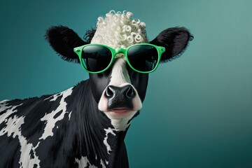 Wall Mural - Cute Cartoon Cow  wearing Sunglasses (Generative AI)