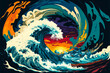 An intense and dramatic image showing a hurricane or other natural disaster with vivid colors. Used to raise awareness about the impacts of climate change. Generative AI