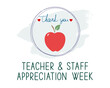 Teacher and staff appreciation week school banner. Red apple, text Thank You and hearts in the frame on white, vector. 